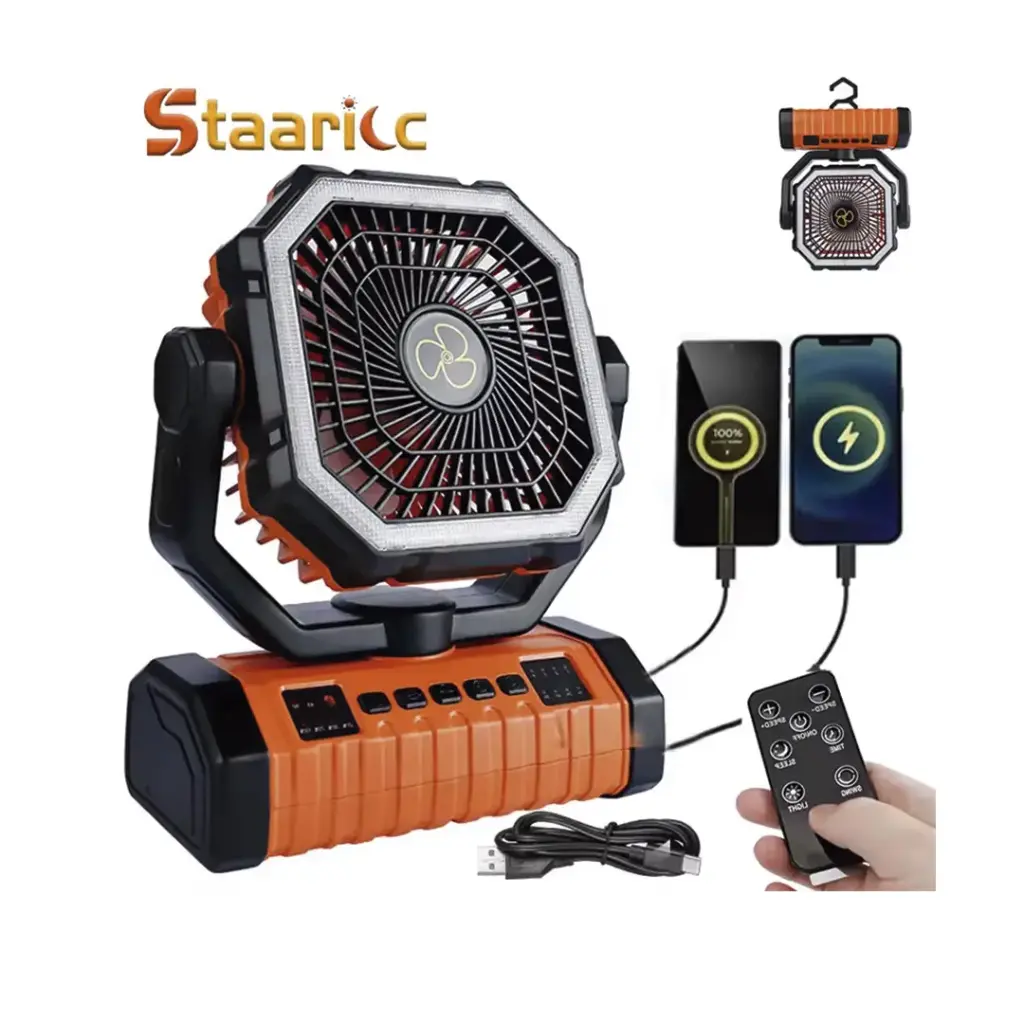 Ventilador Portátil Recargable de 20000mAh con Luz LED y Gancho, Ventilador de Escritorio/Camping para Exteriores, para Tiendas de Campaña y Viajes en Auto 